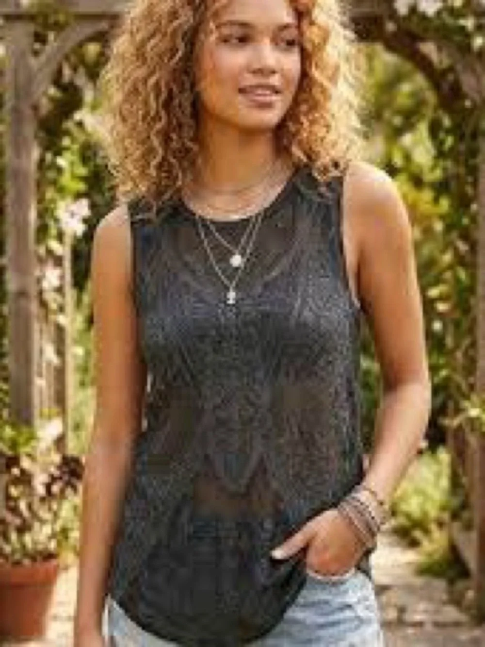 Free People Black Lace-Overlay Sleeveless Tank
